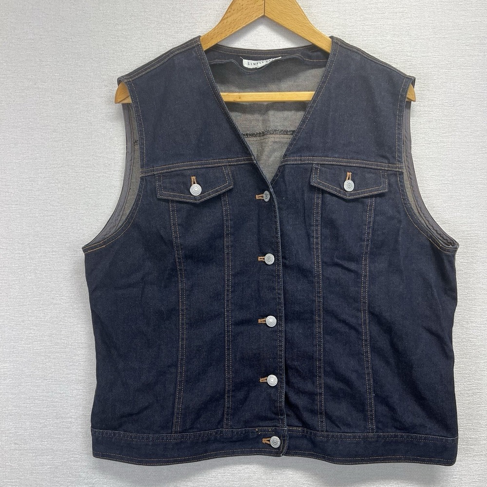 Simple‎ Life Denim Vest Womens XL Dark Blue Button Front Trucker Cotton Blend